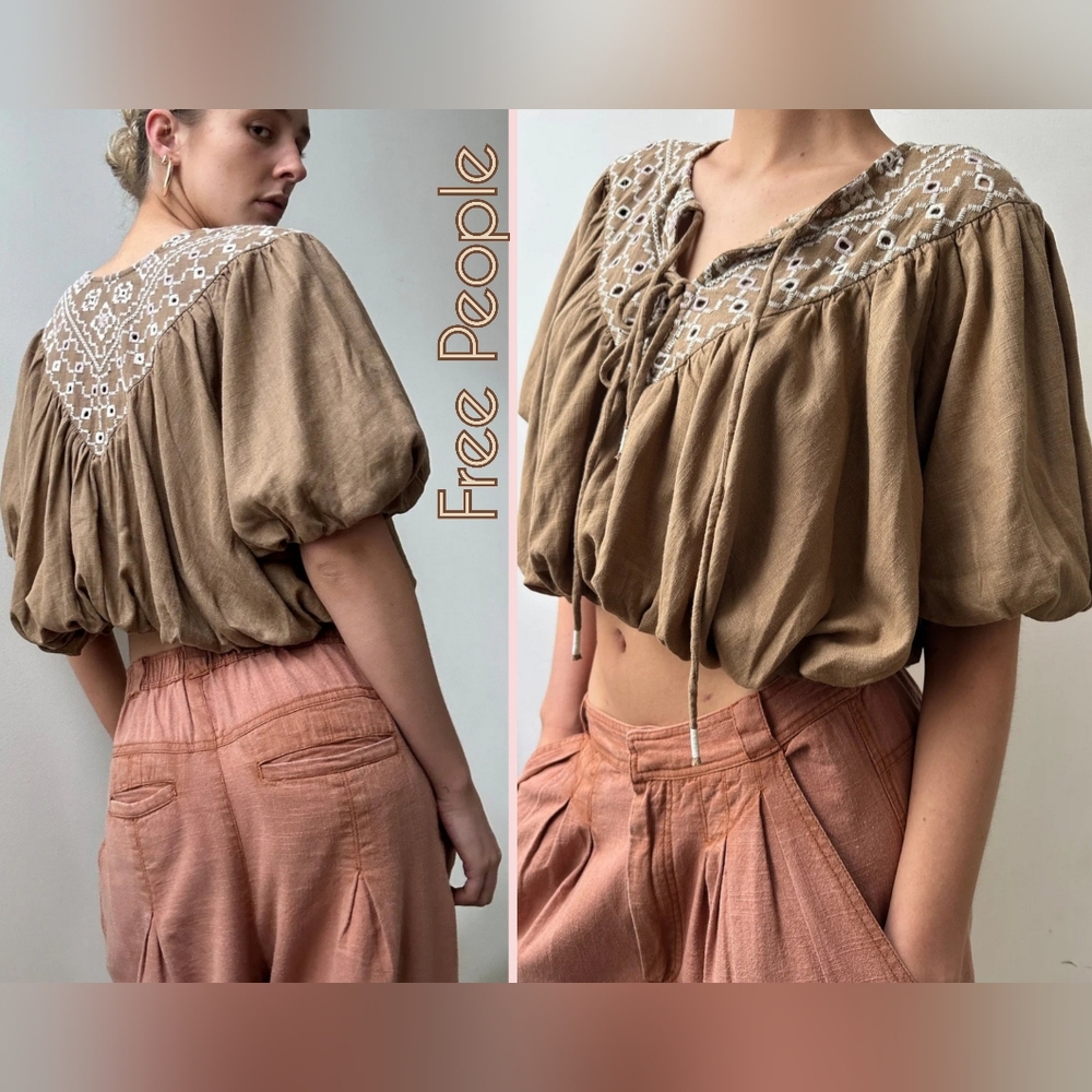 Free People Joni Embroidered Top Tan Size XS NWT